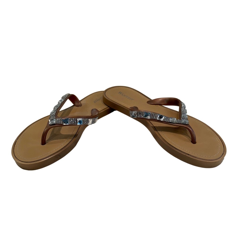 Wanted Flip Flop Sandals Womens 9 Tan Bronze Rhinestone Embellished Flat‎ Summer